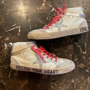 Golden Goose Women White and Silver Sneakers with Pink Laces Size 38 / 7.5 US